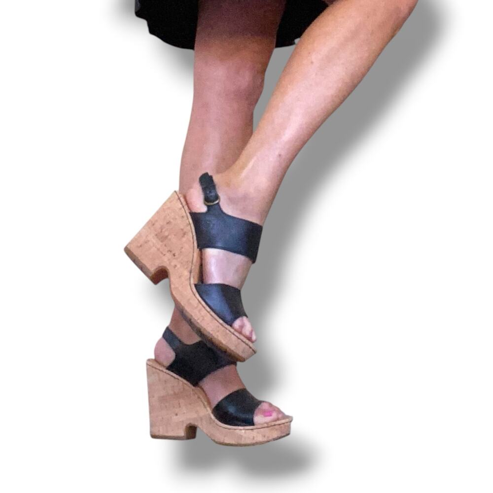 Born Leather Summer Sandals Cork Platform Shoes Black Peep Toe Sz 7M Comfort